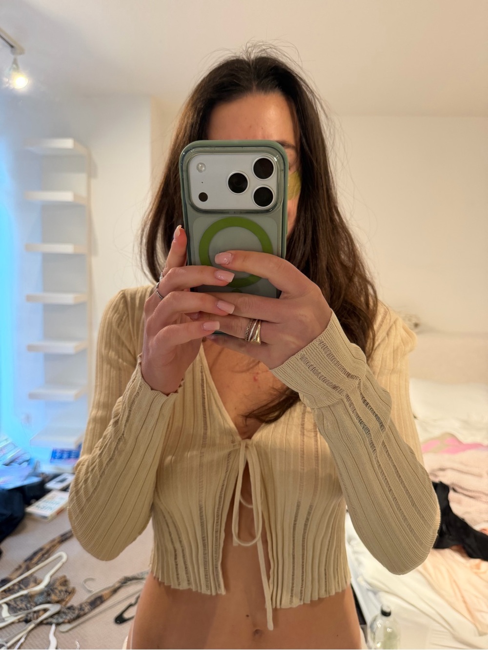 Zara Cream Ribbed Tie-Front Crop Top